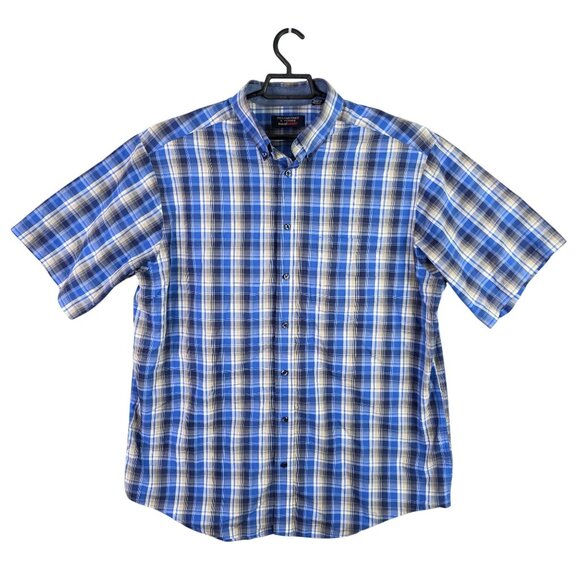 Mens Roundtree & Yorke Travel Smart Blue Plaid Shirt Button Up Short Sleeve XLT - Picture 1 of 8